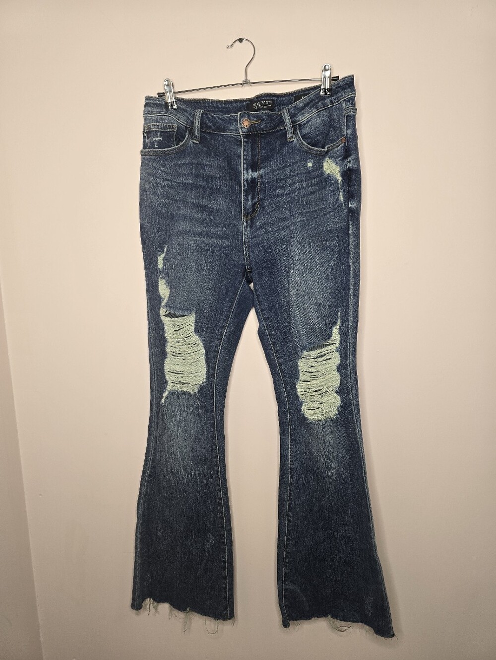 JUDY BLUE high rise heavy destroy flare jeans in medium wash